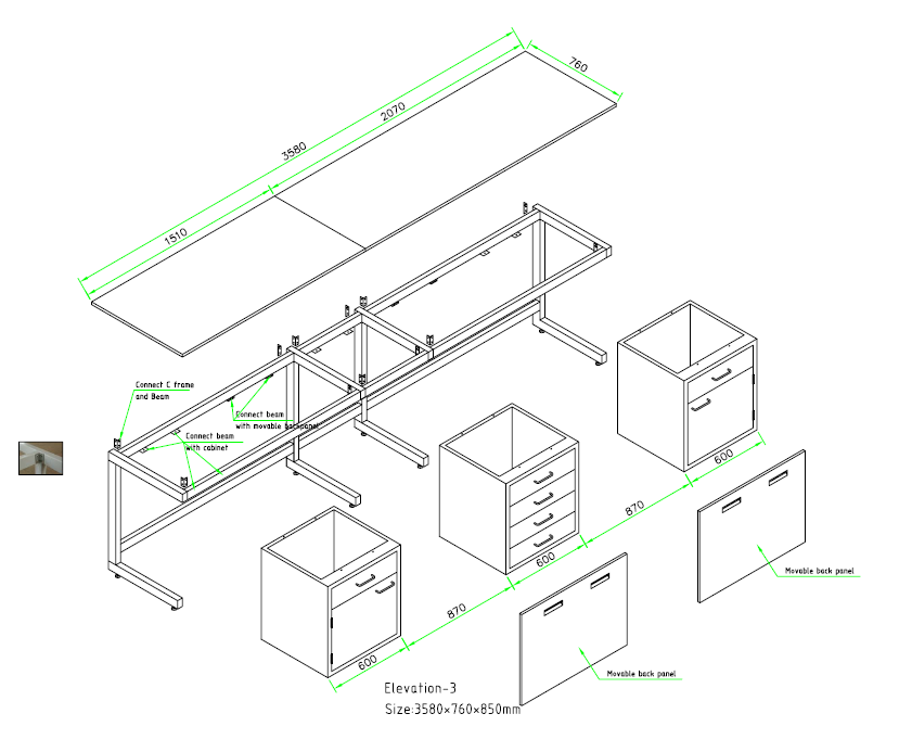 illustration for laboratory wall bench installation with steel frame