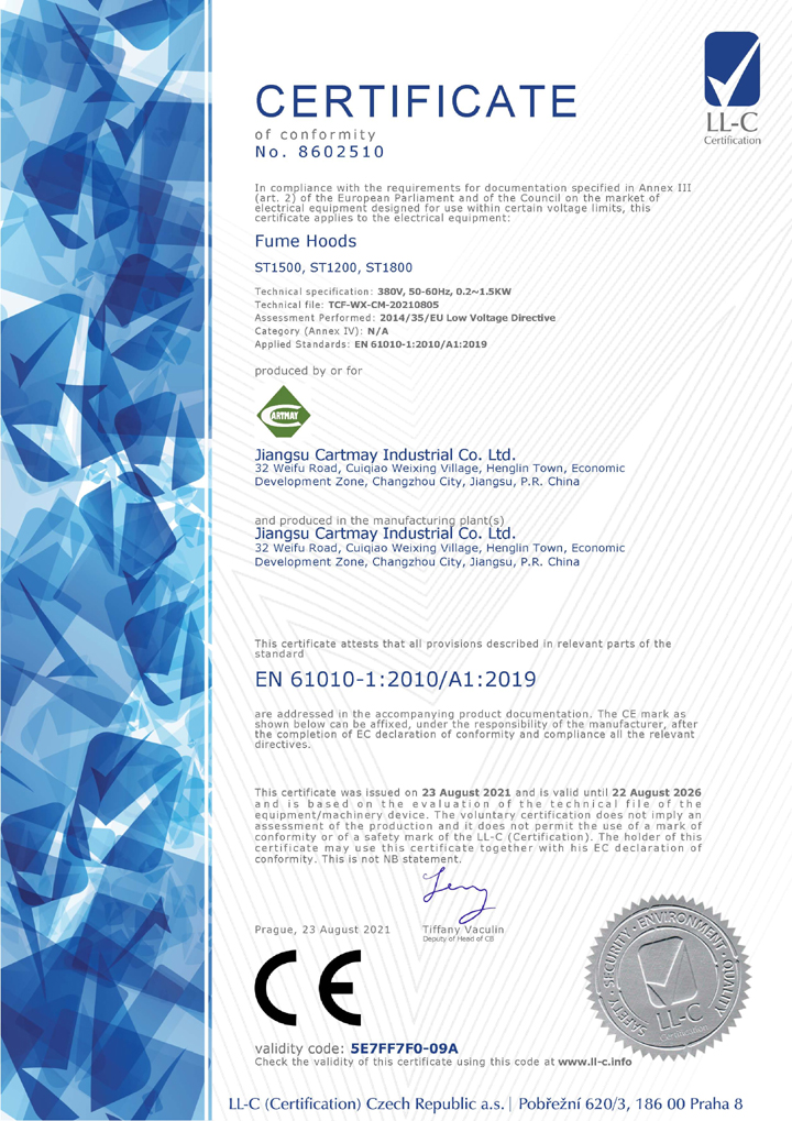 2021 CE Certificate of Standard Fume Hood